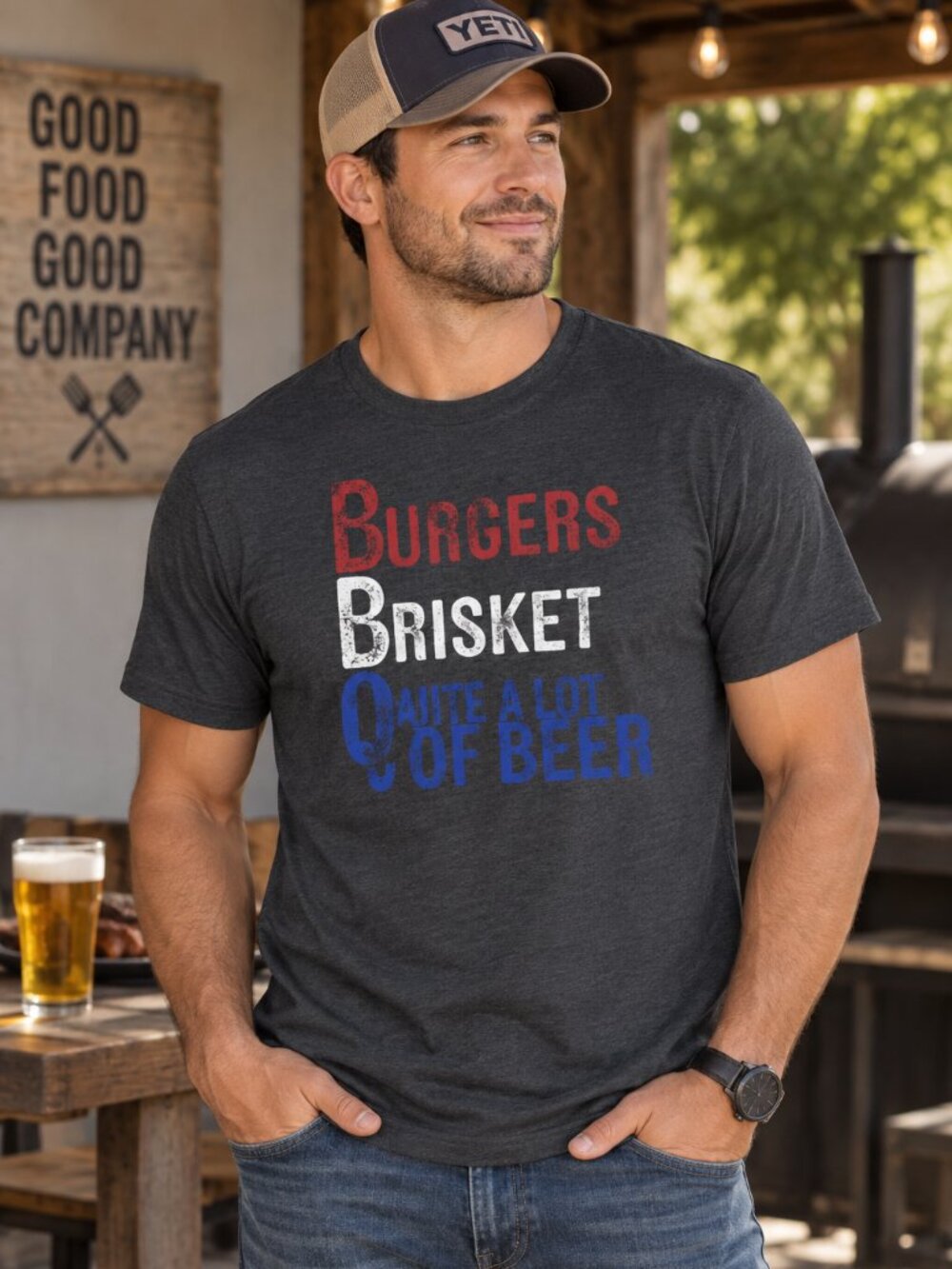 Burgers Brisket Lot of Beer T Shirt Mens Large BBQ Funny Graphic Tee Gray